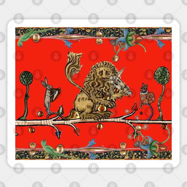 WEIRD MEDIEVAL BESTIARY MAKING MUSIC Violinist Lion,Hare,Snail Cat in Royal Red Sticker by BulganLumini